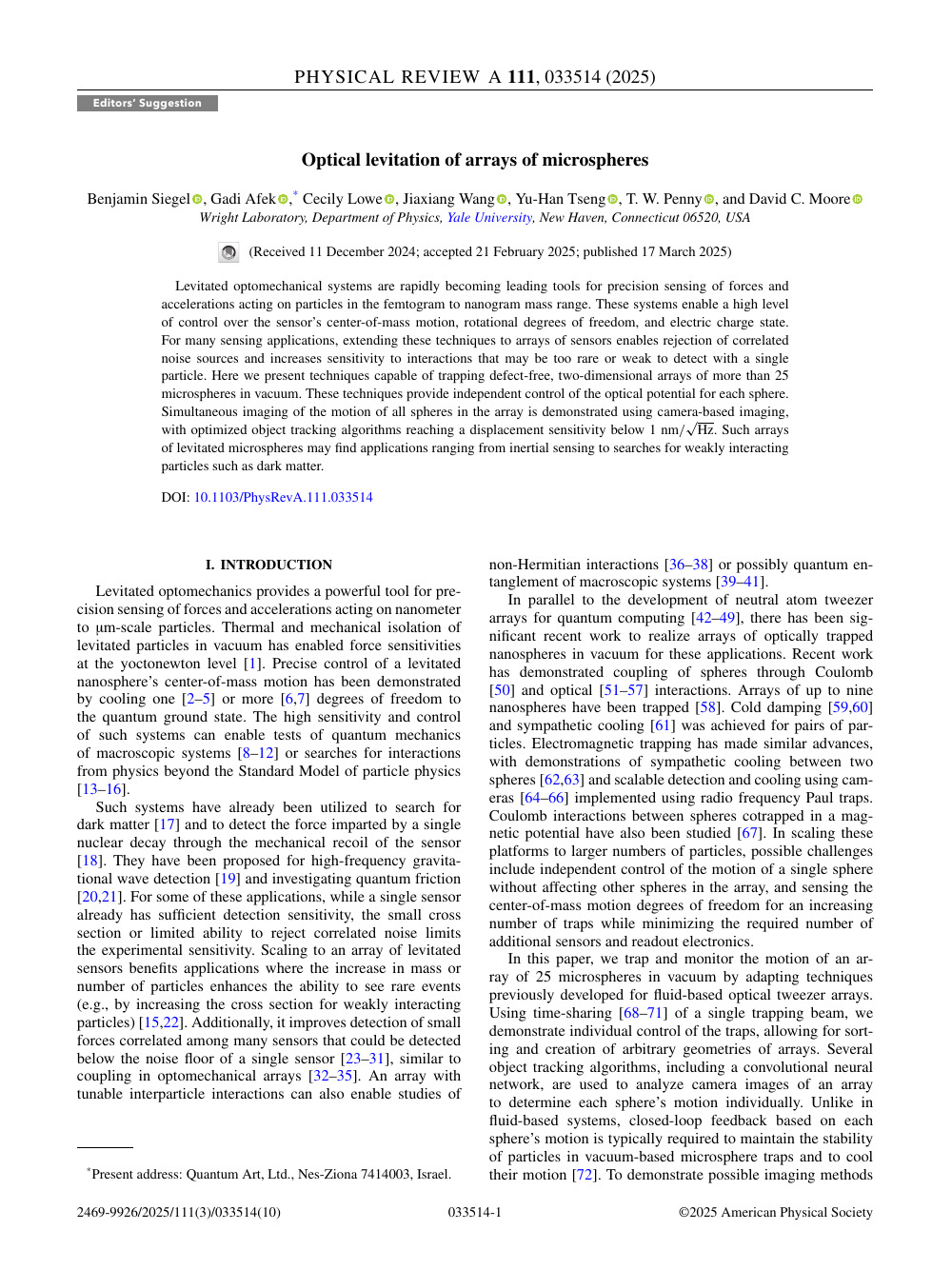 First page of Optical levitation of arrays of microspheres (Physical Review A 111, 033514).