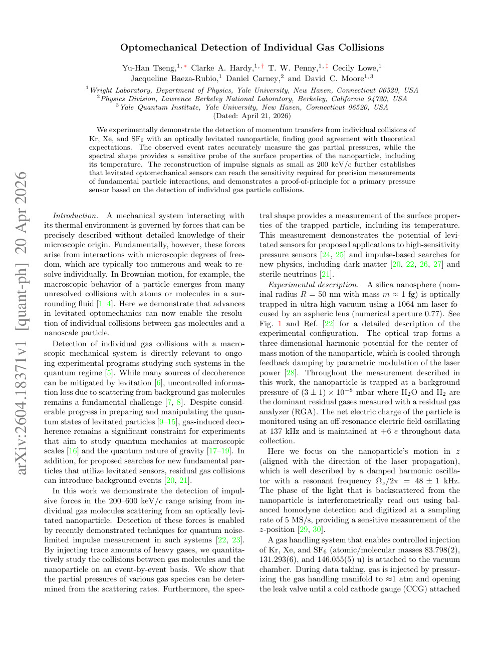 First page of Optomechanical detection of individual gas collisions (arXiv:2604.18371).