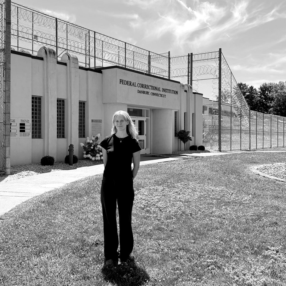 Cecily Lowe outside the Federal Correctional Institution in Danbury, Connecticut.